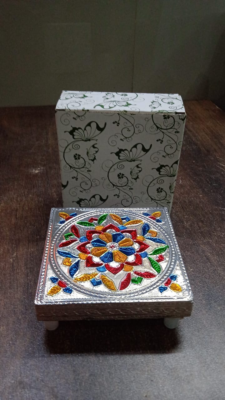1 Pc Meenakari Wooden Chowki & Bajot Set: For Home & Office Puja (Multicolor) 1 Pc Meenakari Wooden Chowki & Bajot Set: For Home & Office Puja (Multicolor)